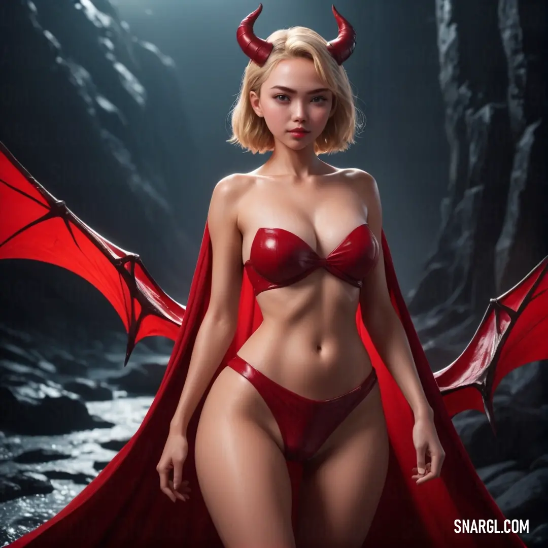 Woman in a red bikini with horns on her head and a red cape around her neck. Color CMYK 0,100,95,10.