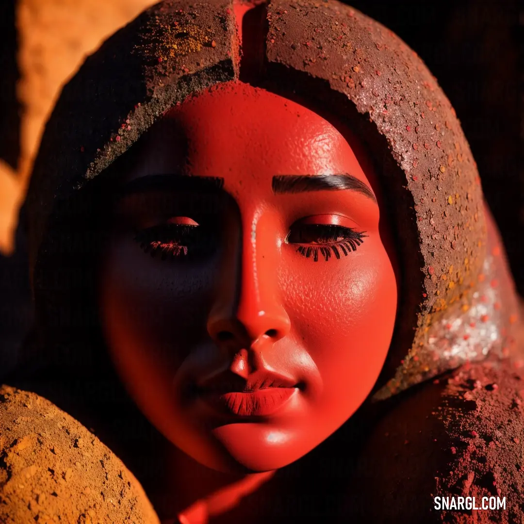 Woman with red makeup and a red headdress. Color NCS S 1580-Y80R.