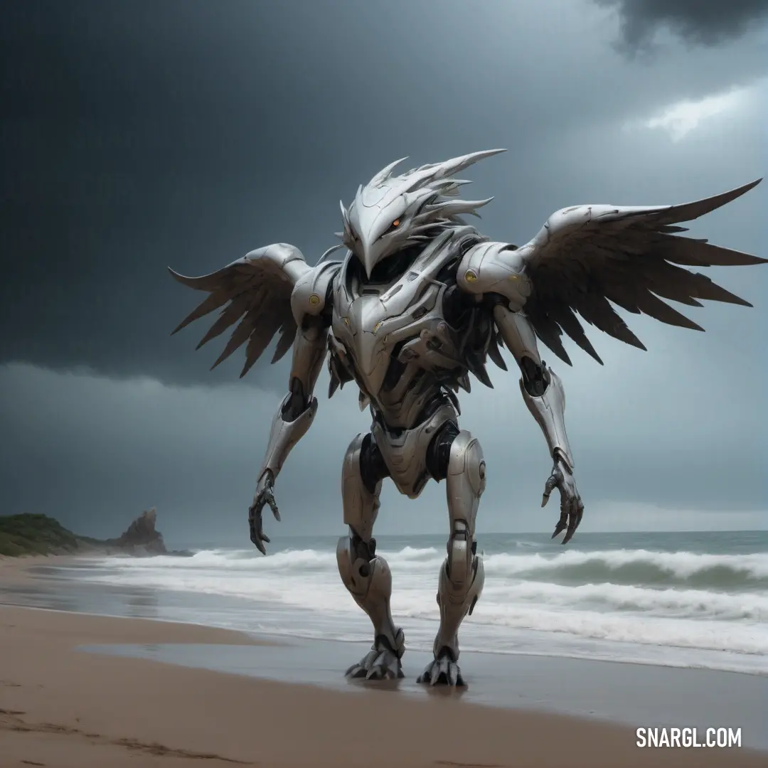 Robot with wings standing on a beach near the ocean with a storm in the background. Color RGB 191,196,199.
