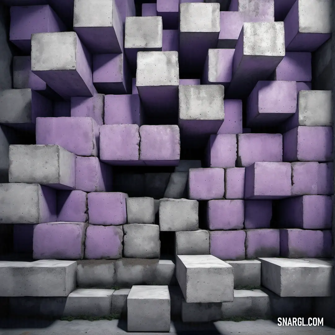 Bunch of cubes that are stacked together in a room with purple walls and concrete floors. Color NCS S 2002-G.