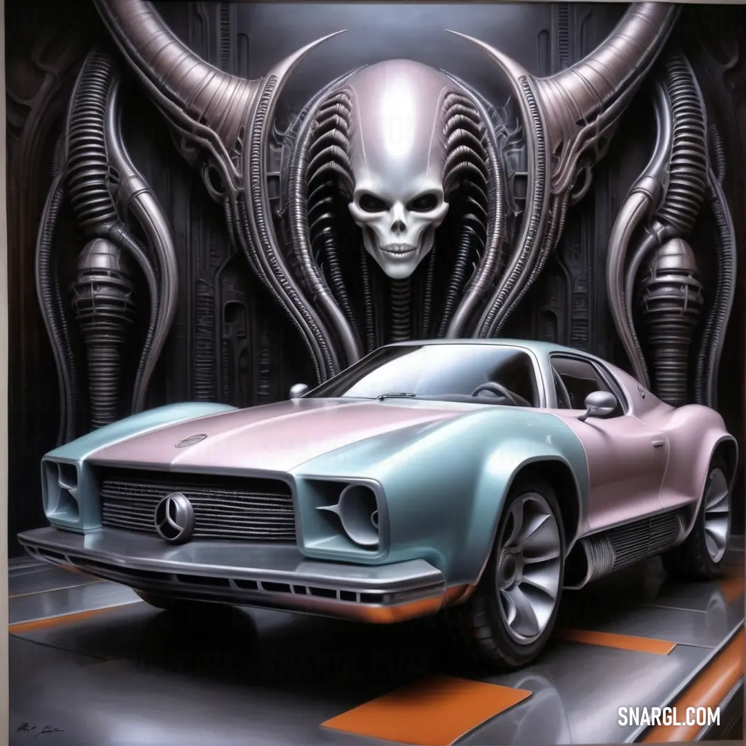 #C4C7BD color example: Car with a skull on the hood and a large head on the hood is in front of a painting of a car