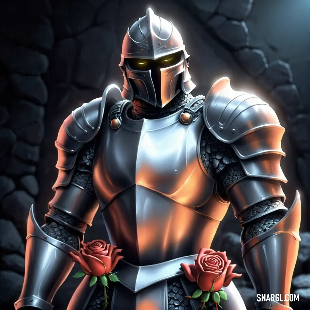 #C4C7BD color example: Man in a suit of armor holding a rose in his hand and a light shining on him behind him