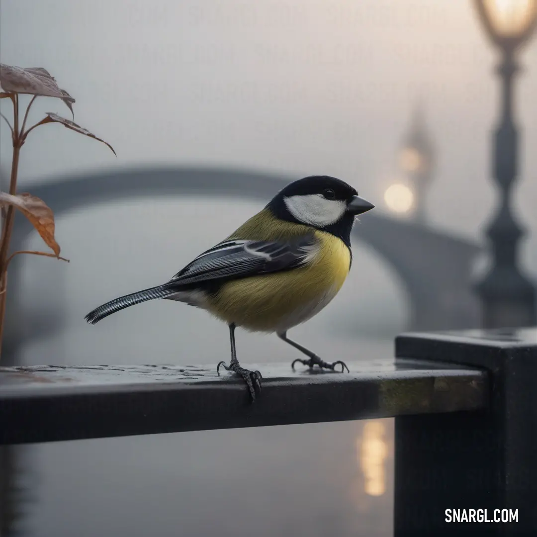 Bird is on a railing near a lamp post and a bridge in the background. Example of #C3BEBC color.