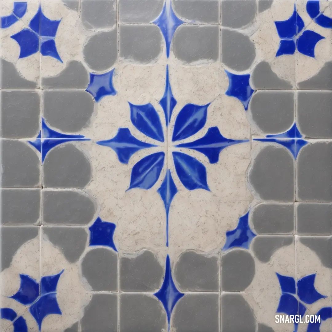 Tile pattern with blue and white designs on it's sides and a gray background. Example of RGB 195,190,188 color.