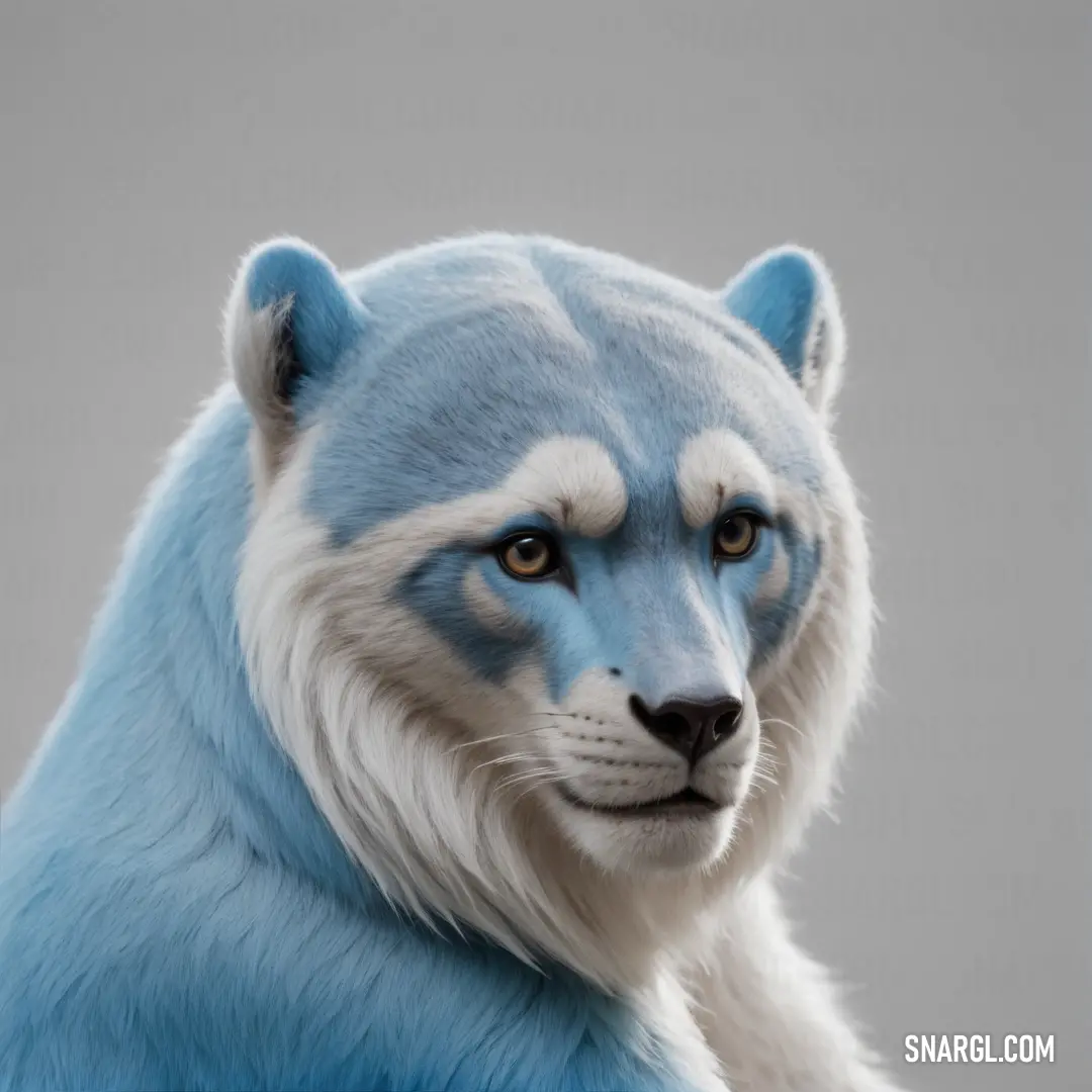 Blue and white animal with a white face and blue fur on it's head and chest, with a white background. Example of CMYK 4,4,0,28 color.
