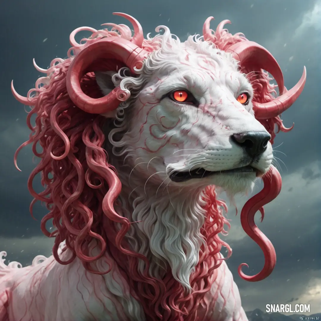 White and red animal with red eyes and long hair with a red mane and red eyes and a red eye. Example of CMYK 4,4,0,28 color.