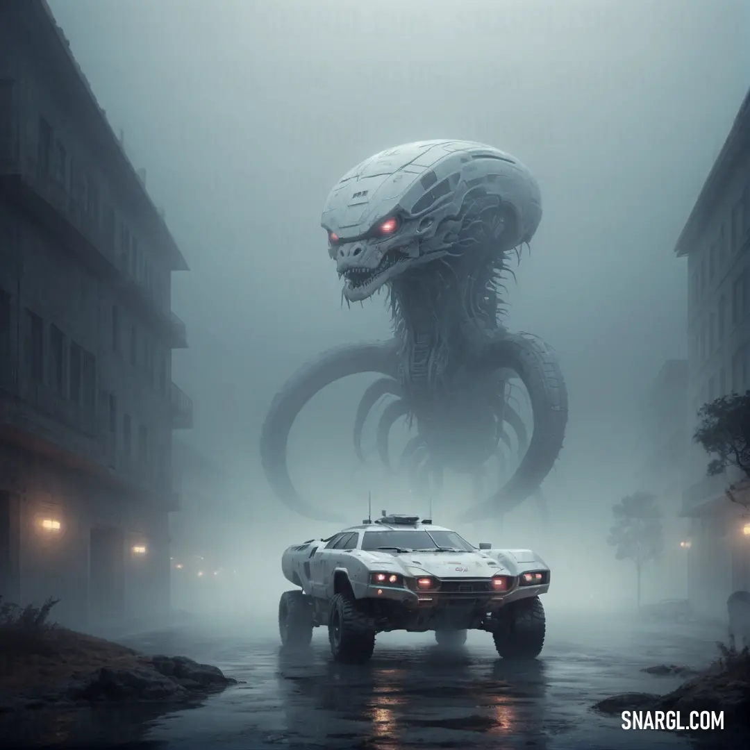 NCS S 2005-B50G color example: Car with a giant head on it driving down a street in the fog with a giant monster head on top of it