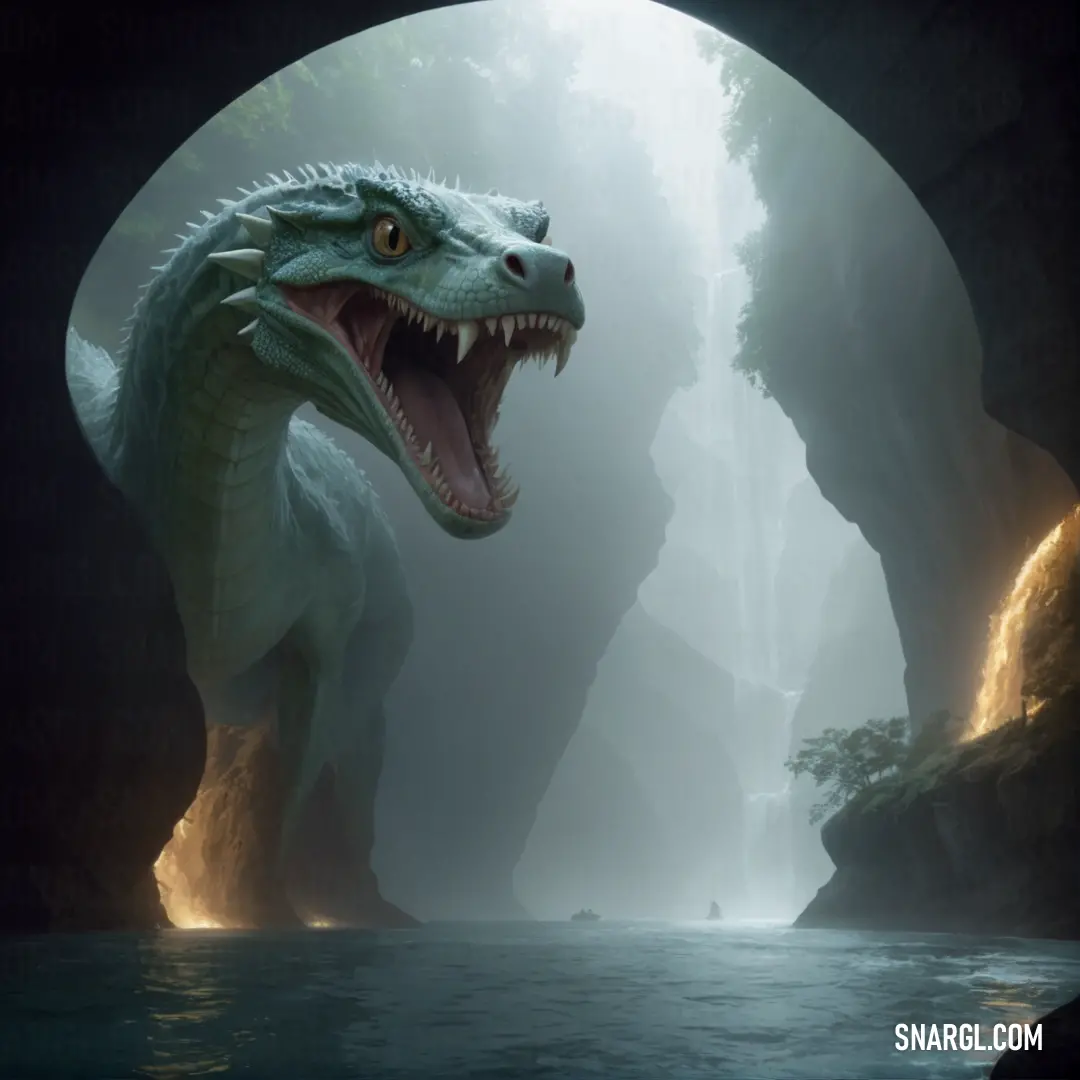 NCS S 2005-B50G color. Large green dinosaur with its mouth open in a cave with water and trees in the background