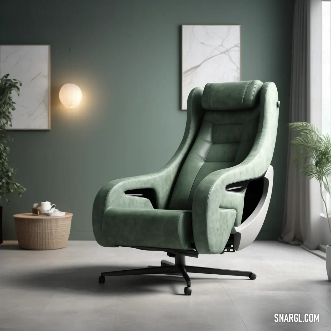 Green office chair in a green room with a potted plant and a window in the background. Color CMYK 16,0,15,20.