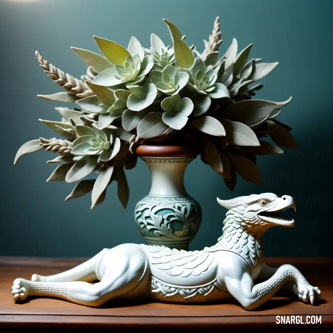 White dragon statue next to a vase with flowers in it on a table top with a blue background. Color #B9CABE.