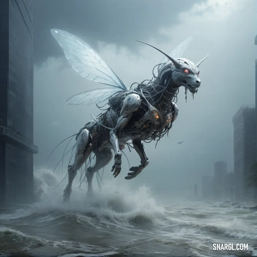 Robot like creature is in the water near a city skyline with skyscrapers and clouds in the background. Color #B4C2B6.