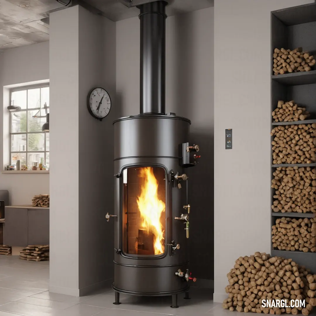 NCS S 2005-R10B color. Stove with a fire inside of it next to stacks of logs and a clock on the wall above it