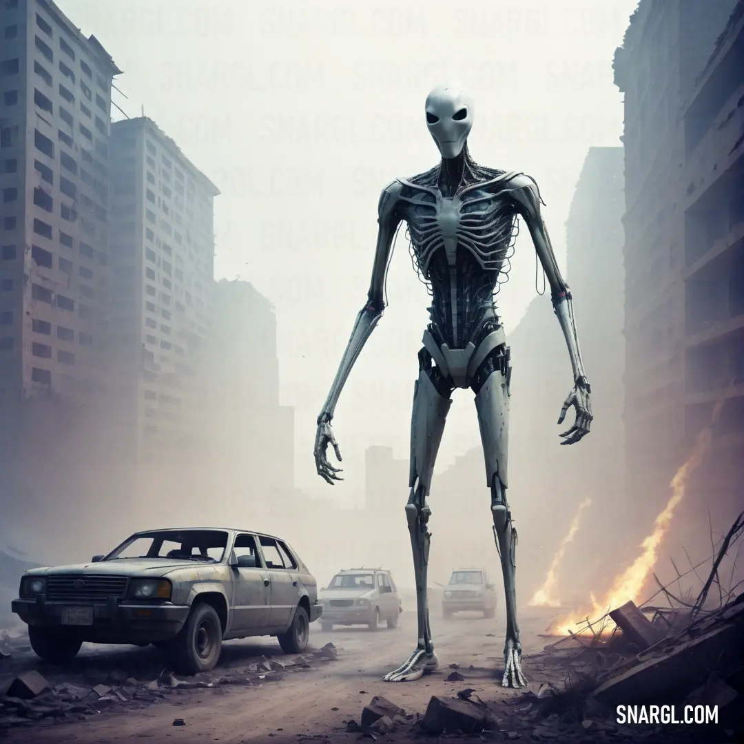 NCS S 2005-R40B color. Skeleton standing in the middle of a road with a car in the background
