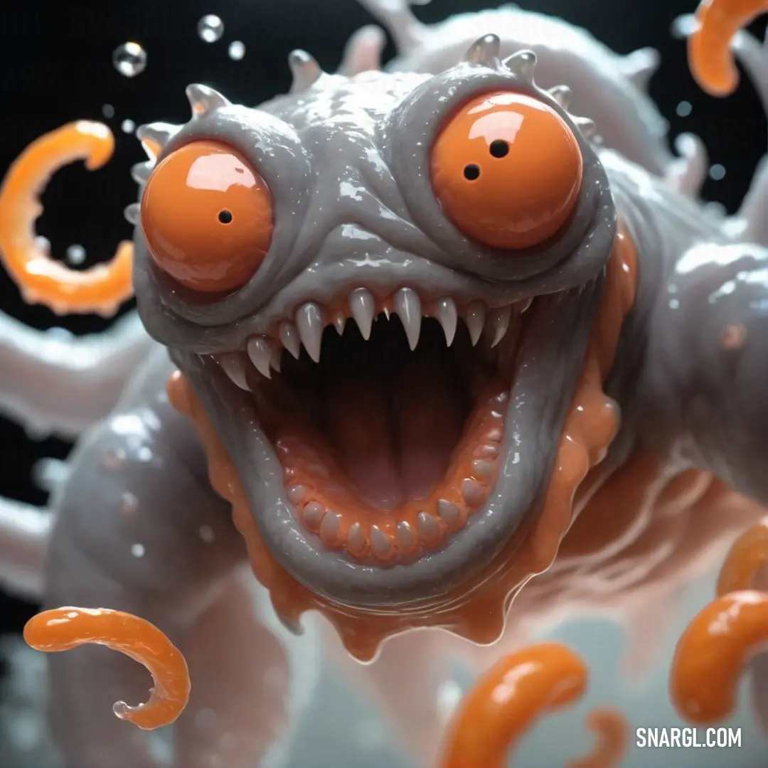 Close up of a fake creature with orange eyes and teeth with water droplets around it's mouth. Color #BBC1C4.