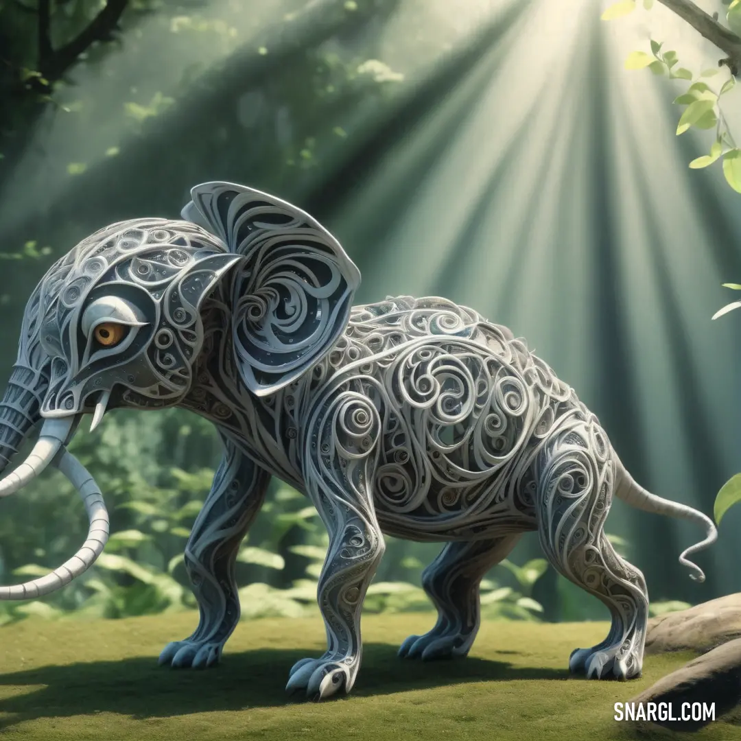 White elephant standing in a lush green forest under a sunbeamed sky with beams of light coming through the trees