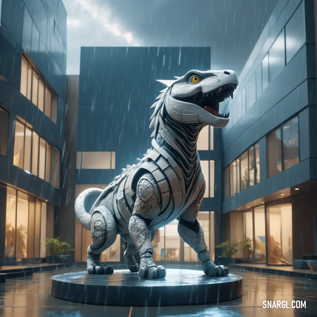 Statue of a dinosaur in a courtyard in the rain with a building in the background. Color RGB 187,193,196.