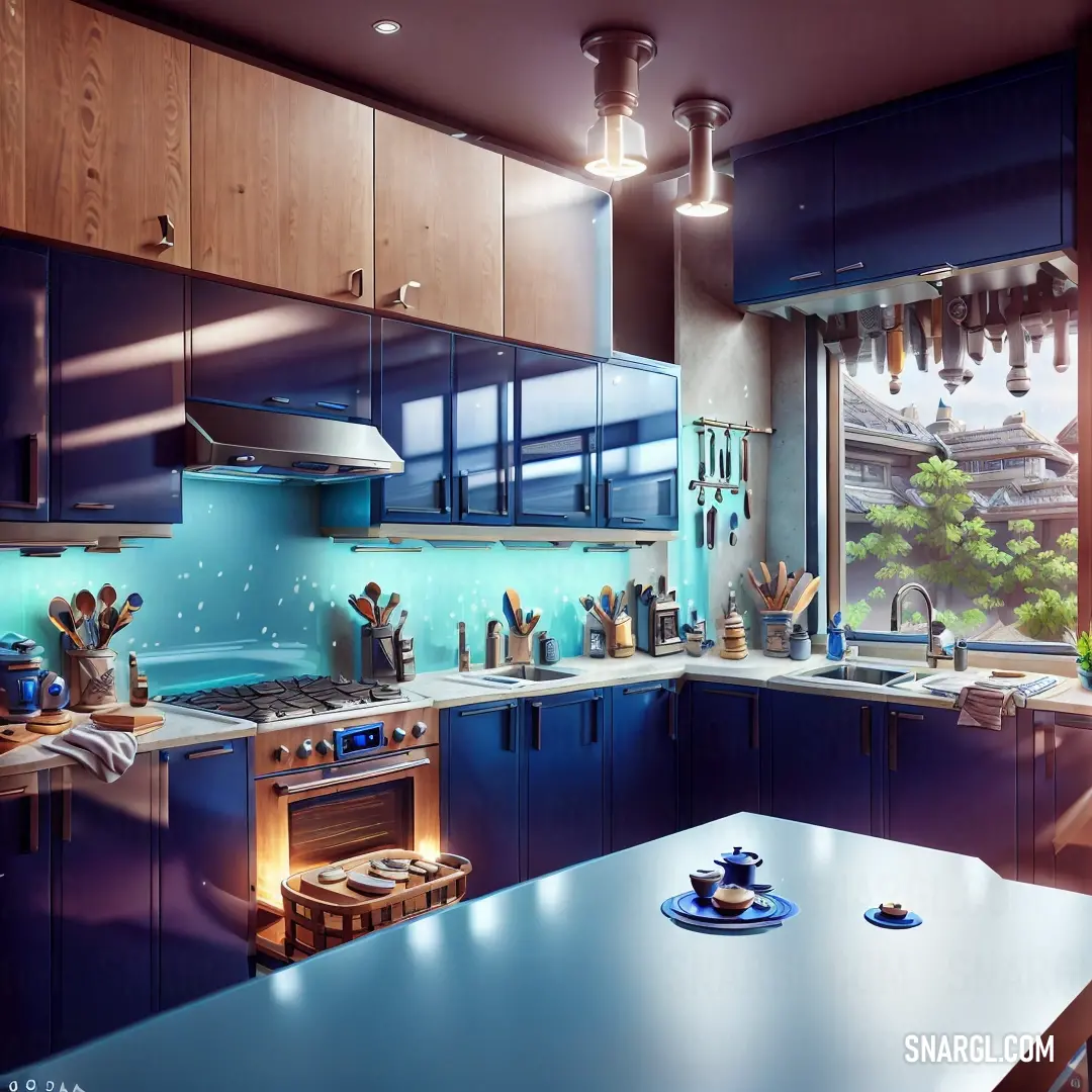 A modern kitchen showcasing NCS S 2005-Y color, complete with a striking blue countertop and matching blue appliances, including a stove and microwave oven. The combination creates a bold, sleek look for a contemporary cooking space.