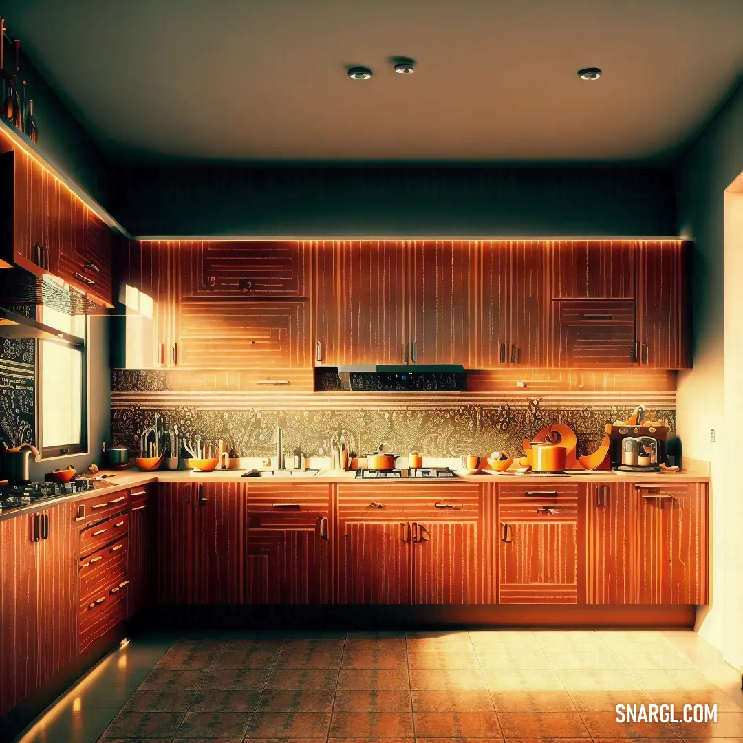 A cozy kitchen featuring a bright, inviting color palette of NCS S 2005-Y, with rich wooden cabinetry and stylish tile flooring. The room includes a stove top oven and a microwave, creating a warm, functional space for cooking and family gatherings.