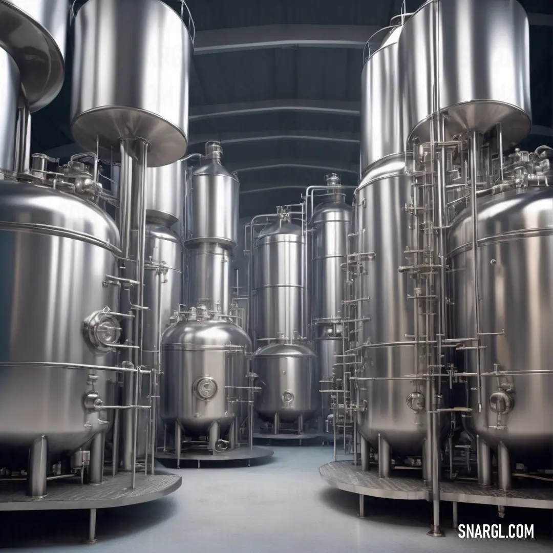 A spacious industrial room filled with an array of gleaming metal tanks, casting reflections on the polished floor. In the background, a ceiling fan slowly spins, creating a gentle hum, while warm sunlight filters through high windows, enhancing the vibra