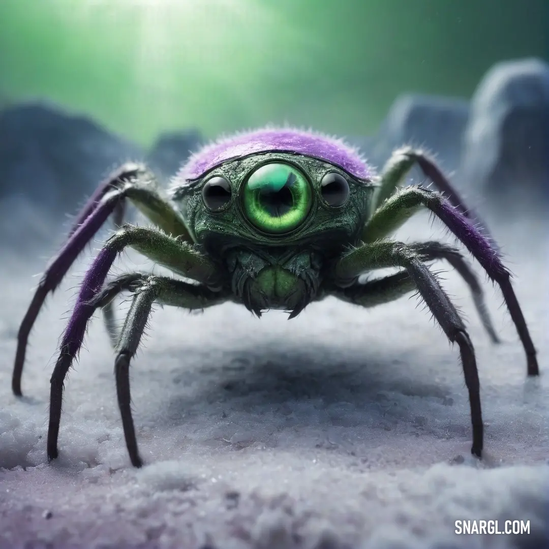 A close-up reveals a fascinating spider, adorned with a mesmerizing green eye at the center of its face. Its intricate legs showcase the delicate artistry of nature, set against a blurred background that emphasizes its unique features.