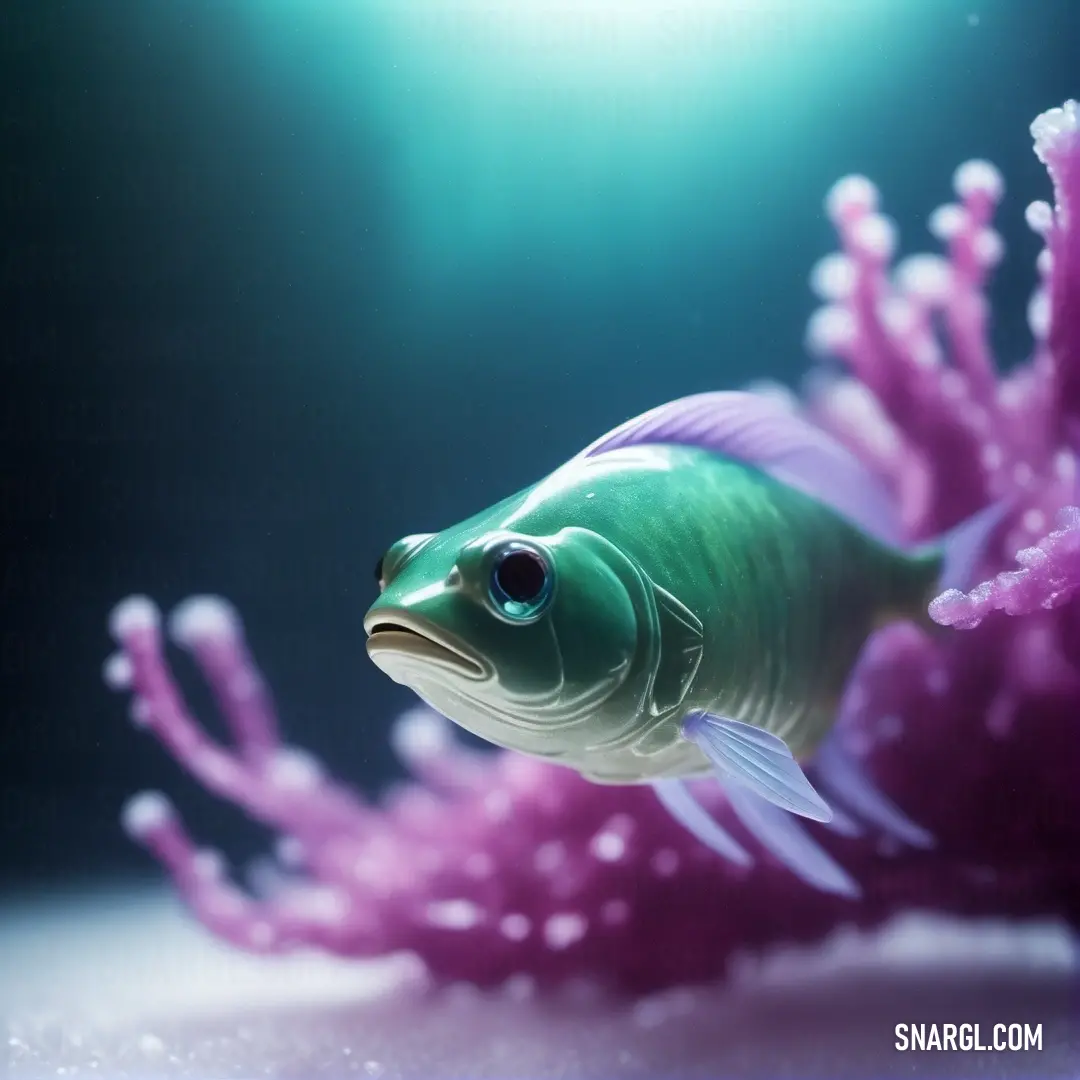 A vibrant underwater scene, where a colorful fish glides through clear water near delicate pink corals and soft algae, all captured in the lively hues of NCS S 2005-Y, creating a peaceful and serene aquatic atmosphere.