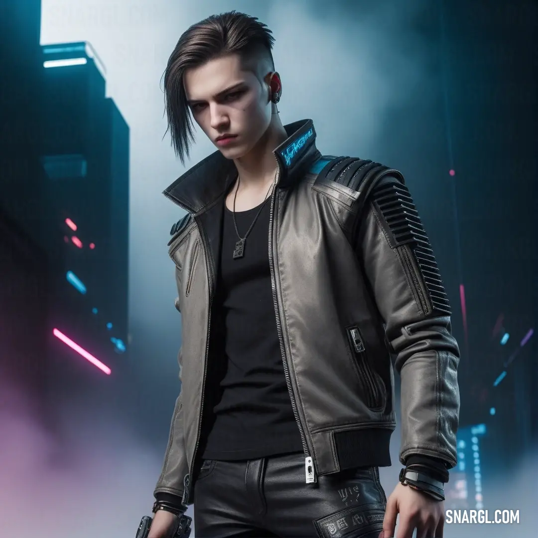 A determined man dressed in a leather jacket stands in a neon-soaked futuristic city at night, gripping a gun as vibrant colors illuminate his surroundings. The atmosphere buzzes with energy, hinting at the dangers and adventures waiting in the shadows.