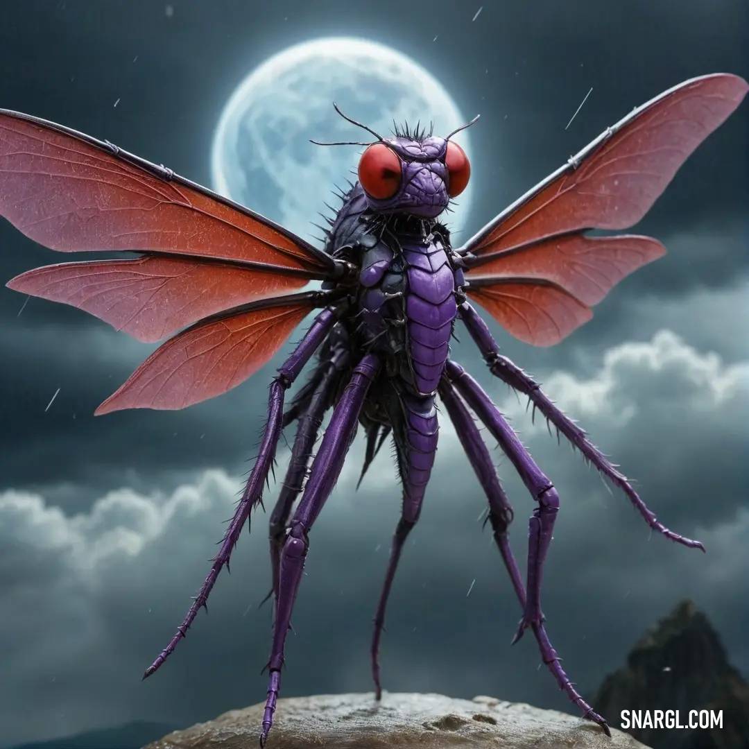 A vibrant purple insect with striking red eyes rests on a rugged rock, illuminated by the silvery glow of a full moon casting ethereal shadows against a backdrop of swirling clouds. This creature exudes an otherworldly charm, blending seamlessly with the 