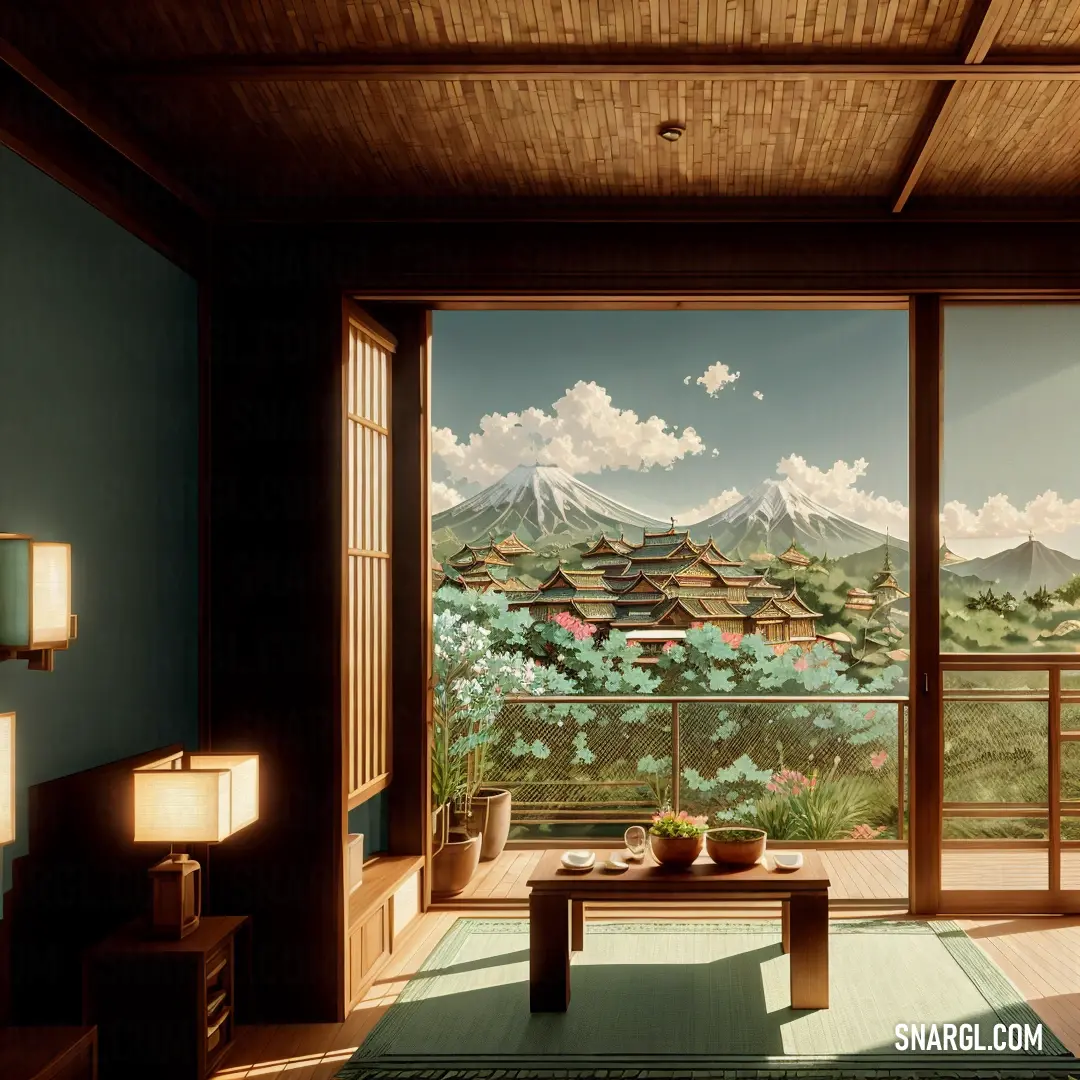 Room with a view of a mountain range and a table with a vase on it. Example of RGB 200,196,173 color.