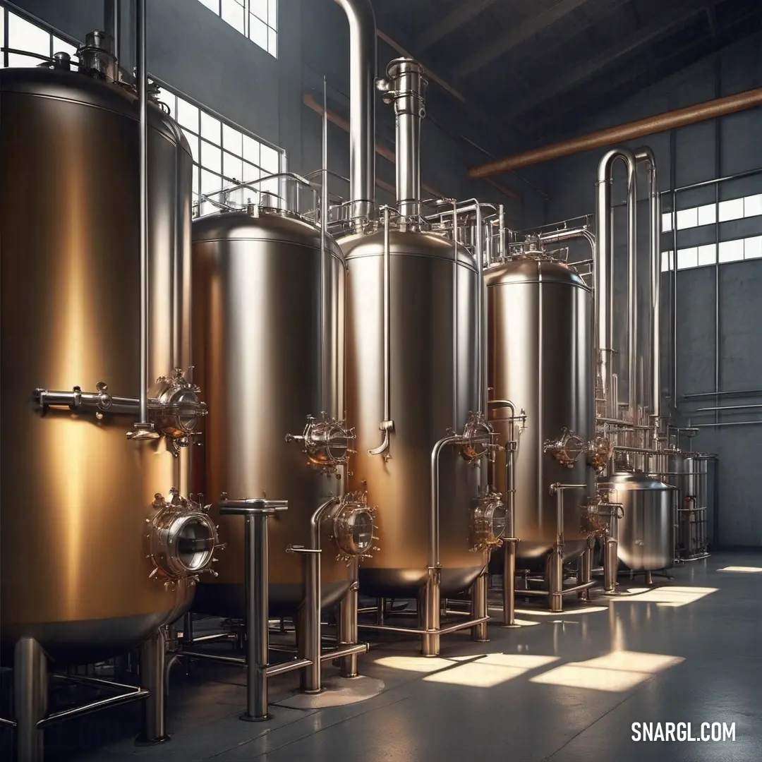 An organized row of metal tanks housed in a well-lit warehouse, with abundant windows allowing natural light to spill in and illuminate the floor. The soft glow accentuates the subtle nuances of the #C8C4AD color, giving a warm ambiance to the space.