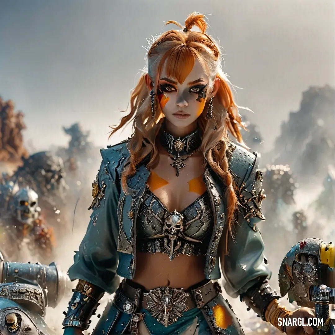 A woman in an elaborate costume stands defiantly before a group of robotic entities, while a man with a gun looms in the background. The imposing figures suggest a narrative filled with bravery, technology, and the fight for survival in an unknown world.