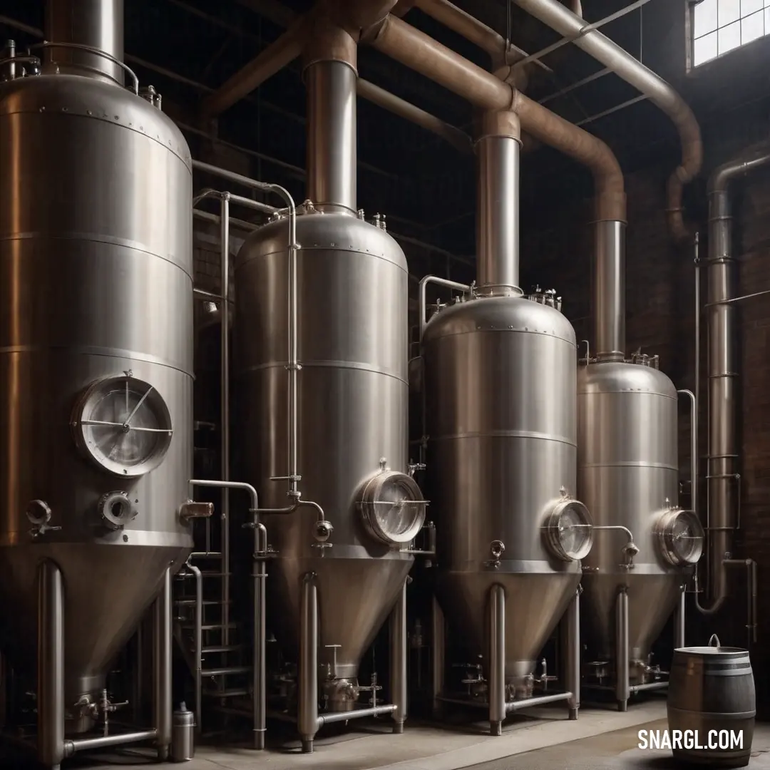 A commanding row of large metal tanks stands resiliently in a spacious warehouse, interspersed with intricate pipes and artfully placed windows. A solitary barrel sits in the middle, adding character to this utilitarian scene marked by structure and form.