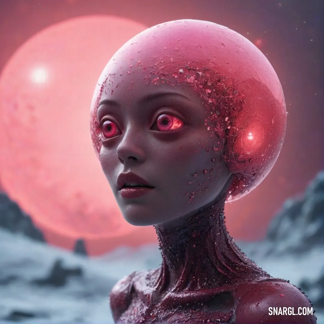 In a dreamlike landscape, a woman with a striking red eye and a delicate pink head gazes wistfully at the glowing moon, her surreal appearance blending seamlessly into the enchanted night. Her expression speaks of longing and curiosity, adding depth to th