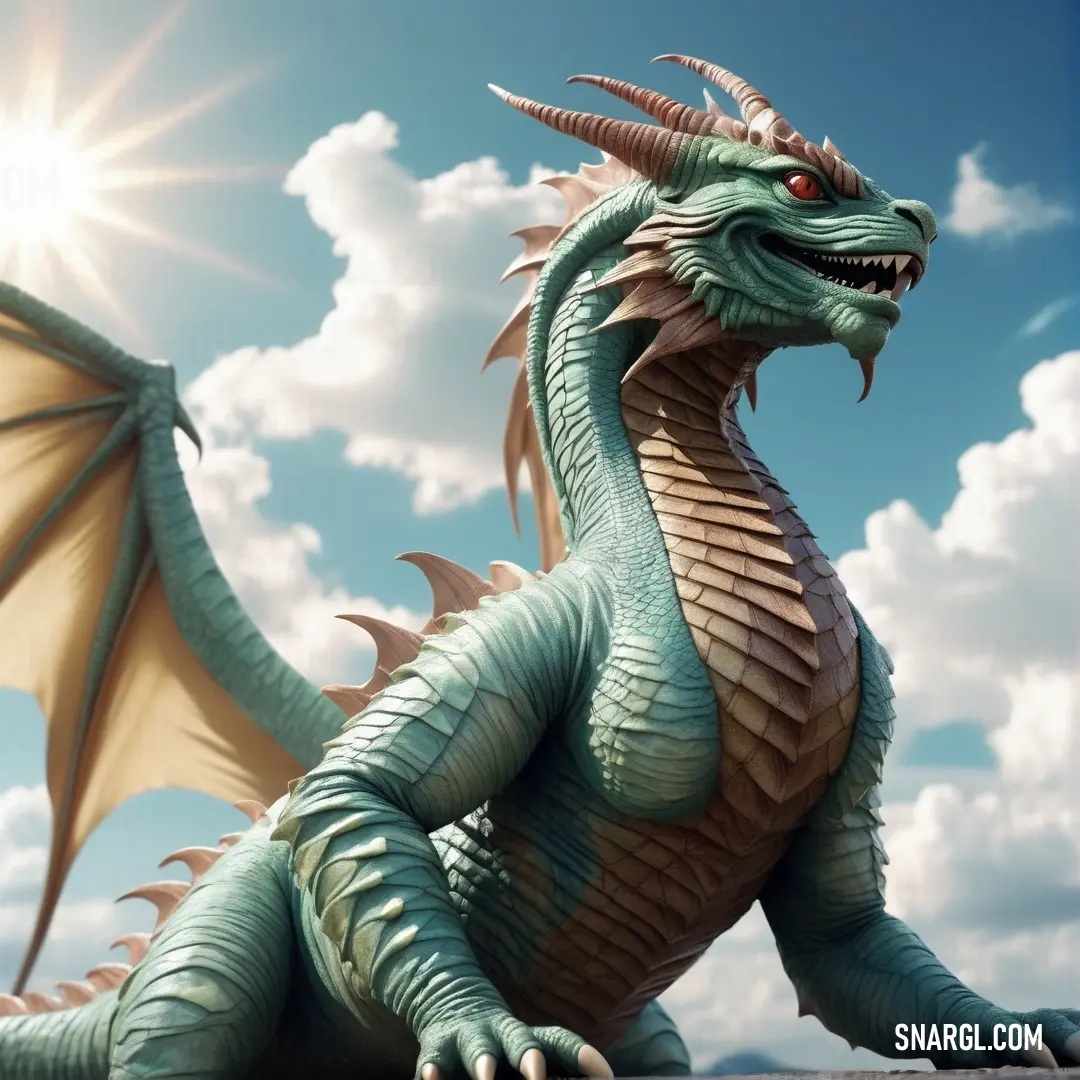 NCS S 2005-Y10R color example: Green dragon statue on top of a stone wall under a blue sky with clouds and sun shining
