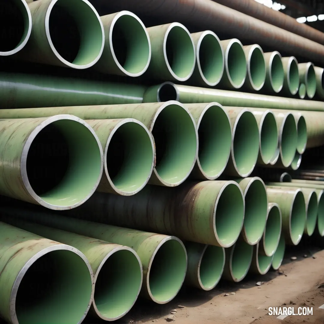 NCS S 2005-Y10R color example: Large stack of pipes in a warehouse or factory area with a lot of them stacked up in rows