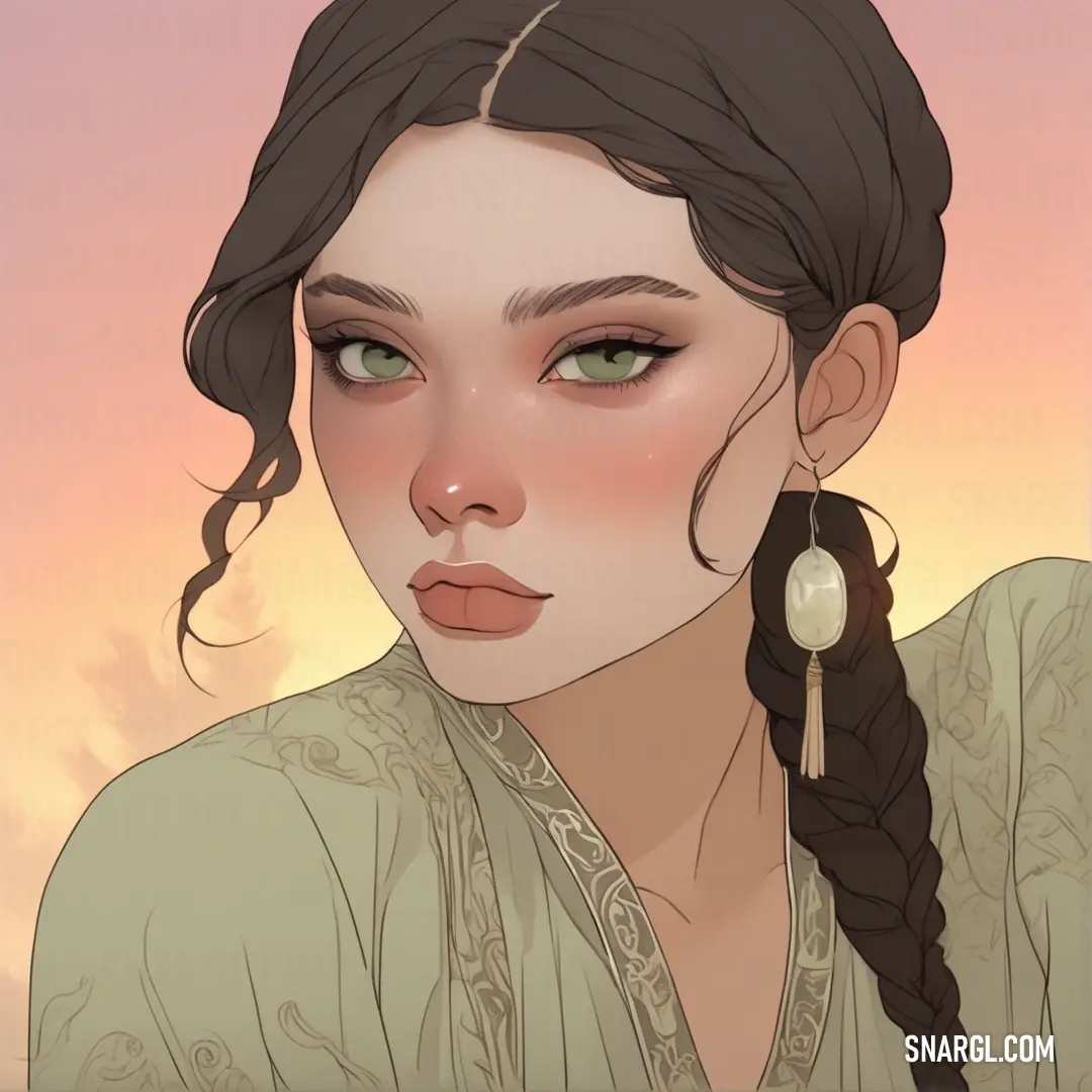 Woman with a braid and green eyes wearing a green shirt and earrings with a pink sky in the background. Color #CBC1A5.