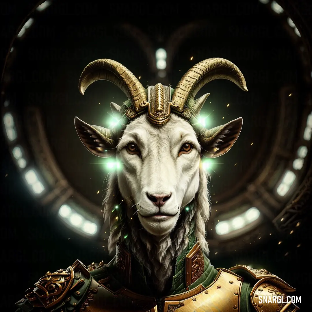 Goat with a helmet and horns on it's head in a dark room with lights and a clock. Color RGB 212,201,173.