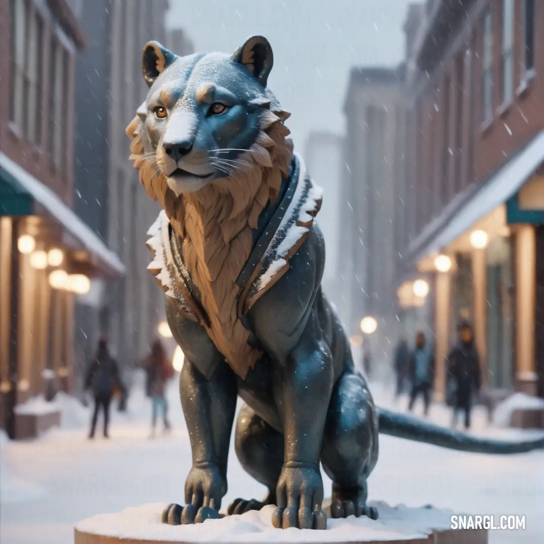 Statue of a lion in a coat on a snowy street in a city with people walking around it. Example of #D4C9AD color.