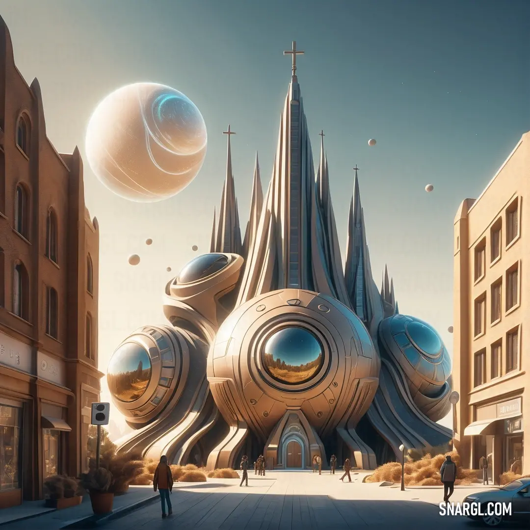 Futuristic city with a church and a giant ball in the middle of the street and people walking around. Color CMYK 0,7,20,18.
