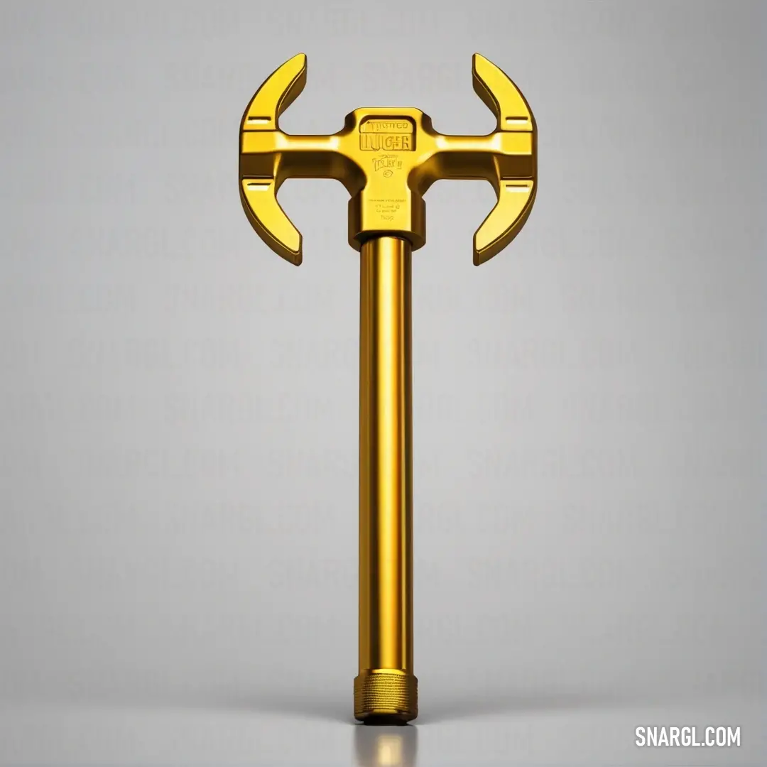 A striking golden hammer rests against a neutral gray backdrop, its shining surface reflecting light with a soft glow. The contrast of the black handle alongside the vibrant head makes for an eye-catching tool that embodies both elegance and utility.