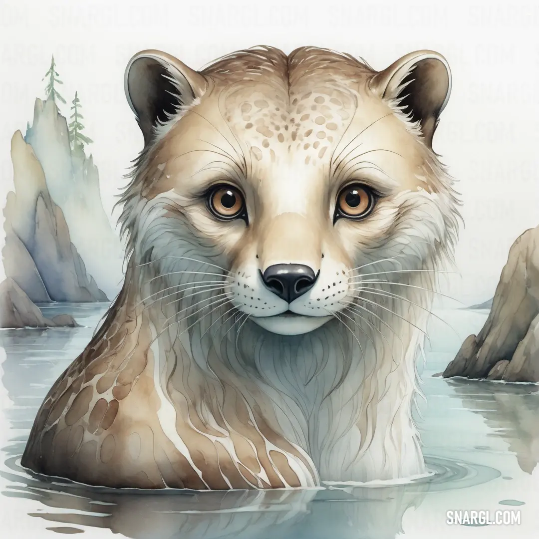Painting of a fox in the water with a rock in the background. Color RGB 214,203,181.