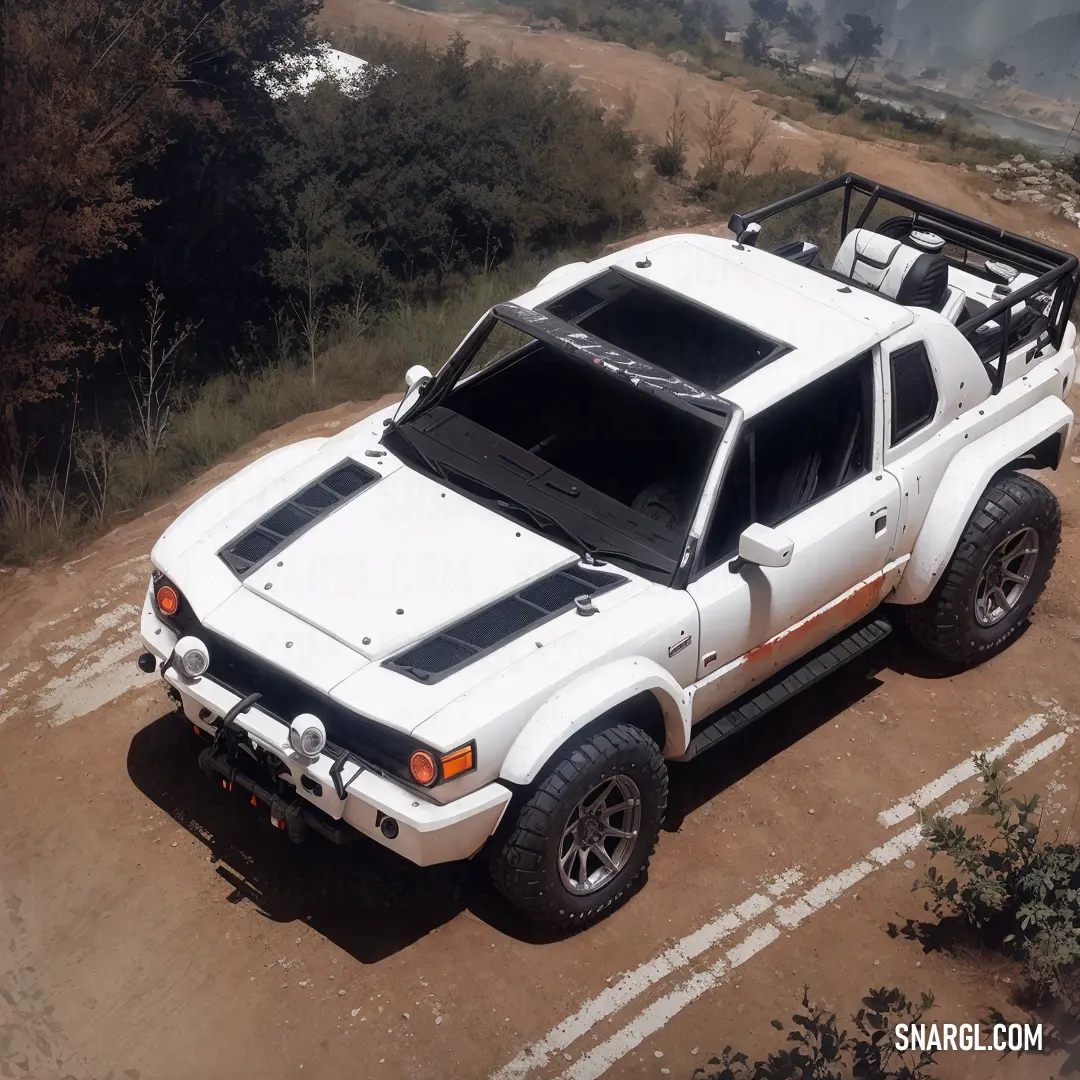 A white truck sits peacefully on a dirt road, surrounded by lush greenery and hillsides. The soft light of the setting sun casts a warm glow over the serene, nature-filled scene.