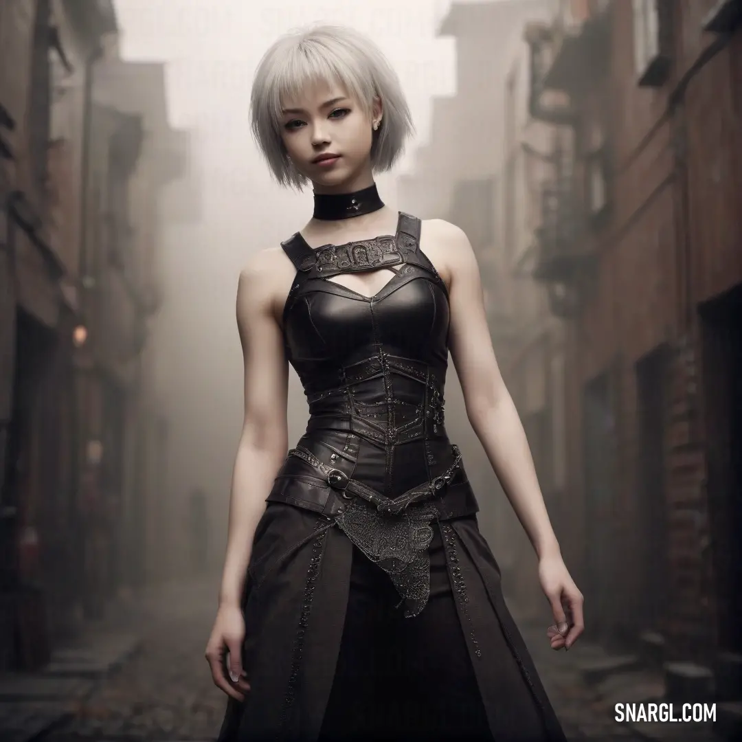 A stylish woman with a chic short haircut dons a sleek leather dress, confidently strolling through a lively city street, flanked by charming cobblestones and striking buildings that echo urban elegance.