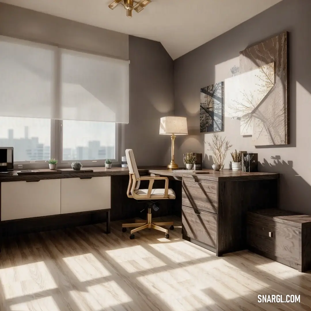 Room with a desk, chair and a window with a city view in the window sill. Color #D2C4B0.