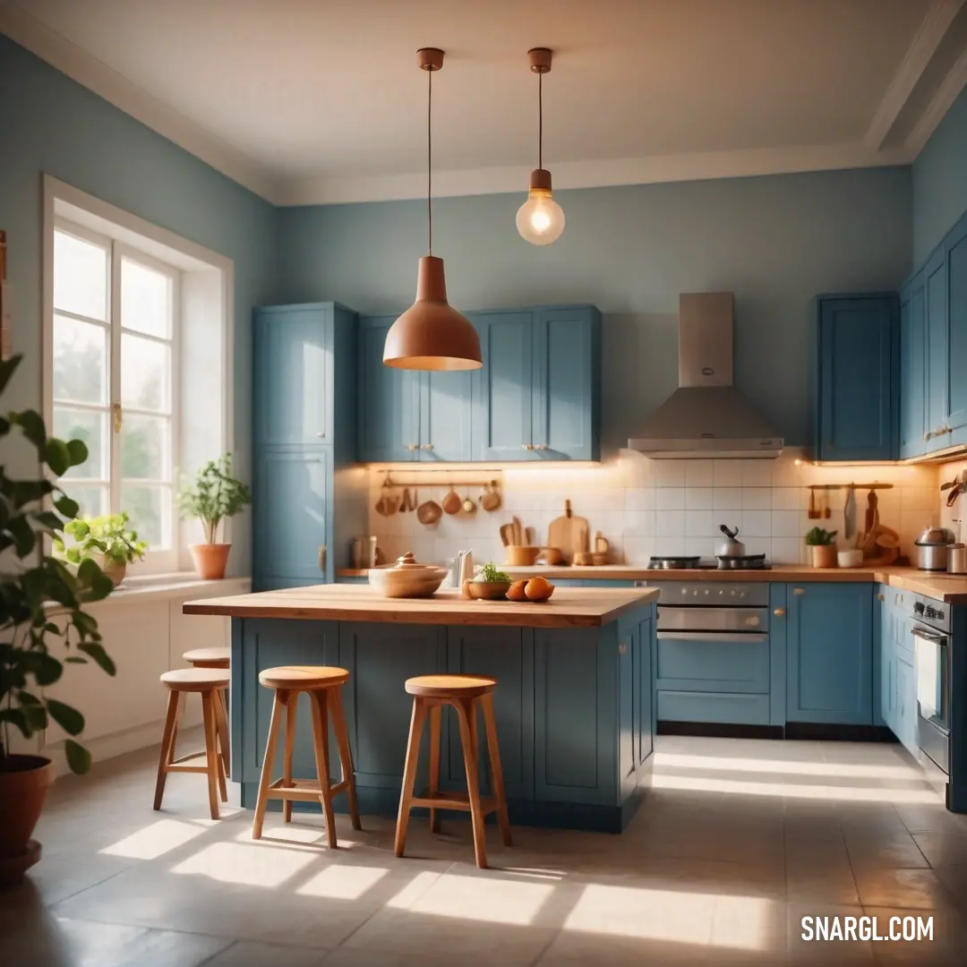 Kitchen with blue cabinets and a counter top with stools and a potted plant in the corner. Color CMYK 0,10,15,20.