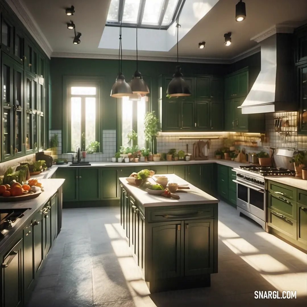 Kitchen with green cabinets and a skylight above the island countertop and sink area with a bowl of fruit on the counter