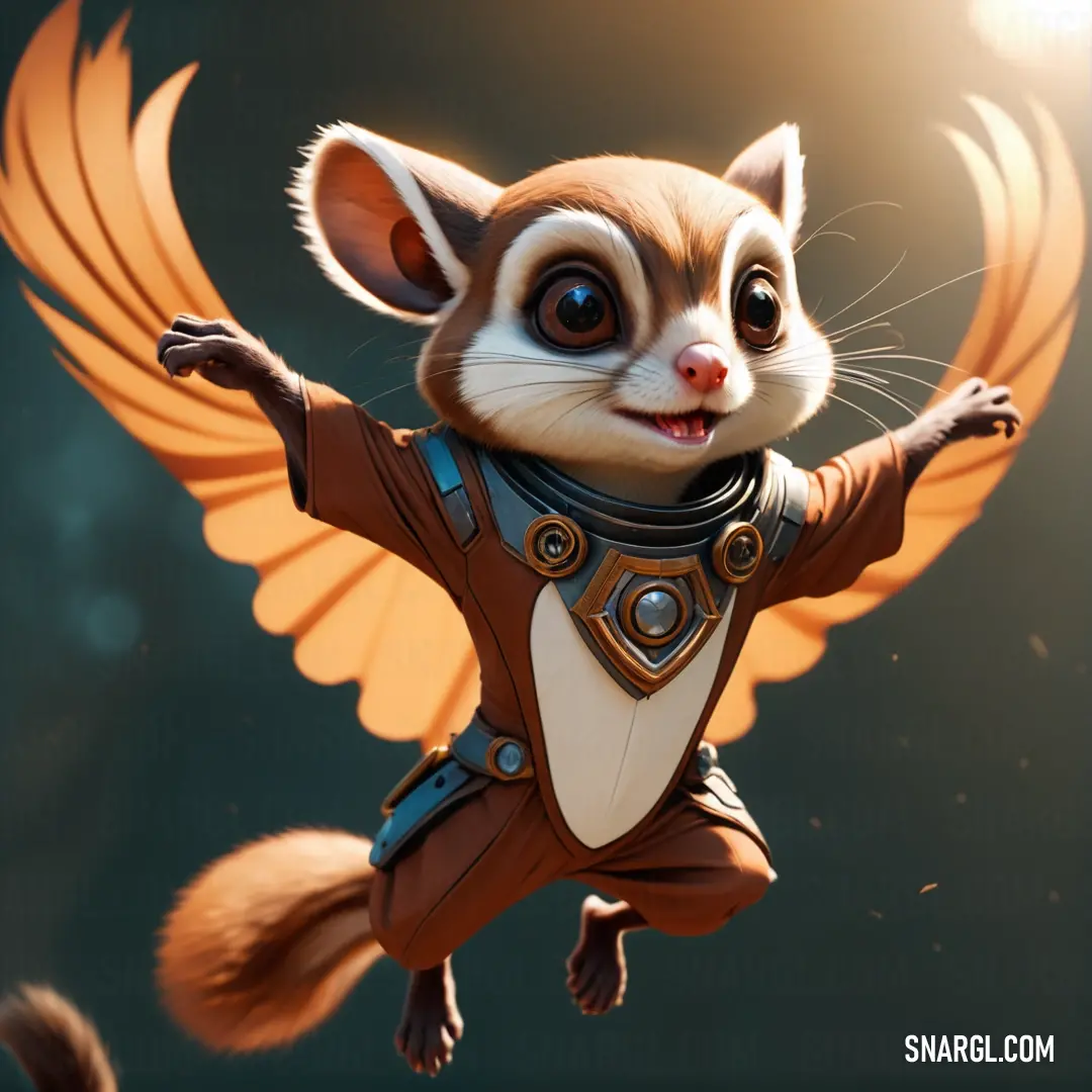 Cartoon character of a squirrel dressed in a costume with wings flying in the air. Color RGB 198,182,172.