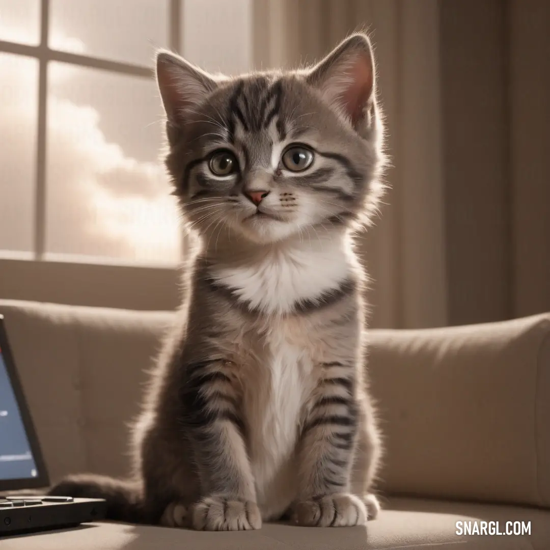 Kitten on a couch next to a laptop computer and a window with a sky background. Example of #C5B3AB color.