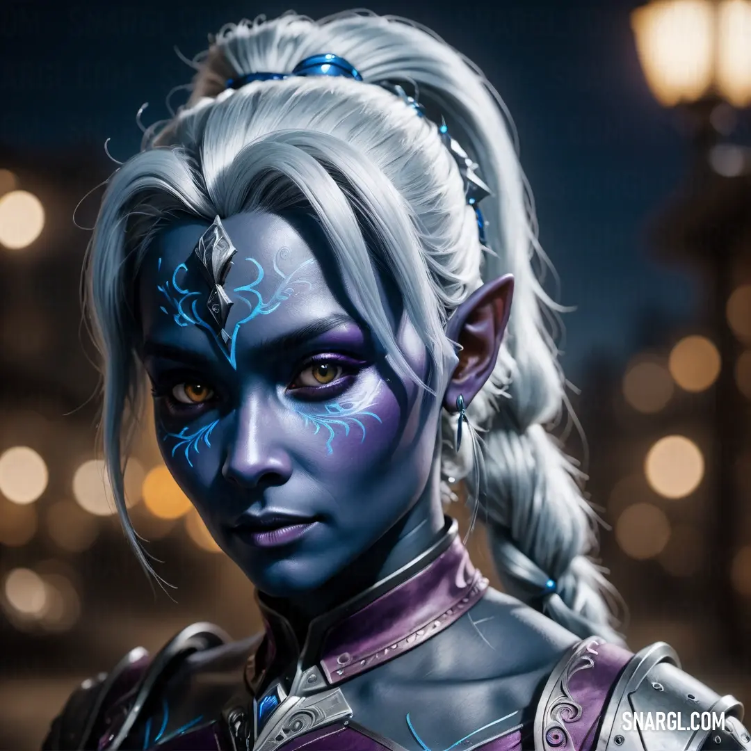 Woman with blue makeup and a braid in her hair is dressed in a costume with blue and silver details. Example of CMYK 20,0,1,24 color.