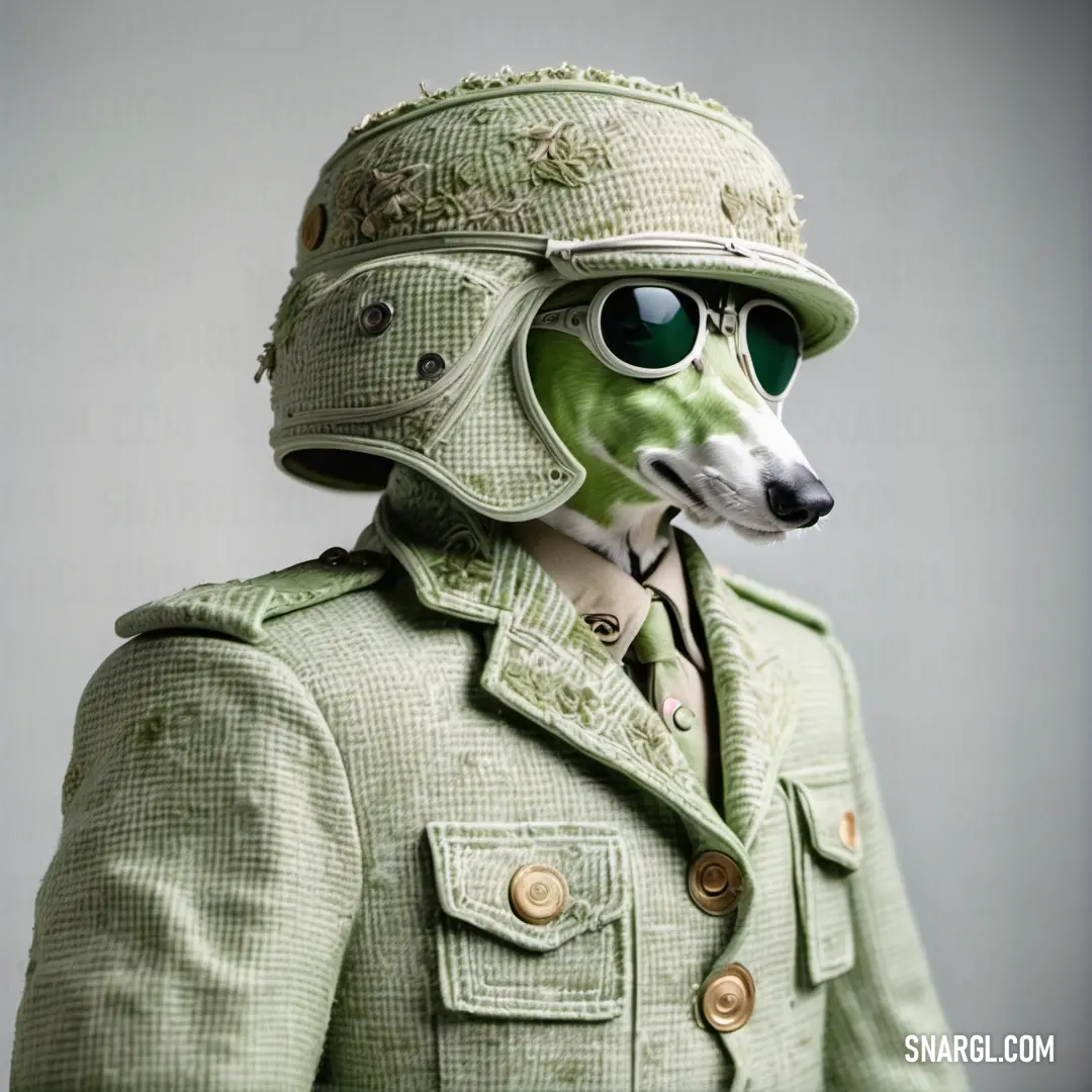 Dog wearing a green military uniform and a hat with goggles on it's head and a green jacket with a white collar