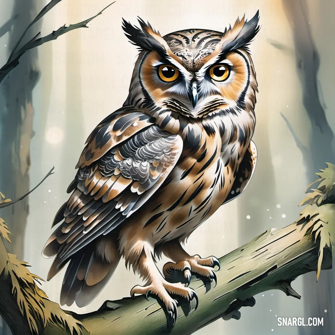 Painting of an owl on a branch in a forest with snow on the ground and trees in the background. Color NCS S 2010-G30Y.